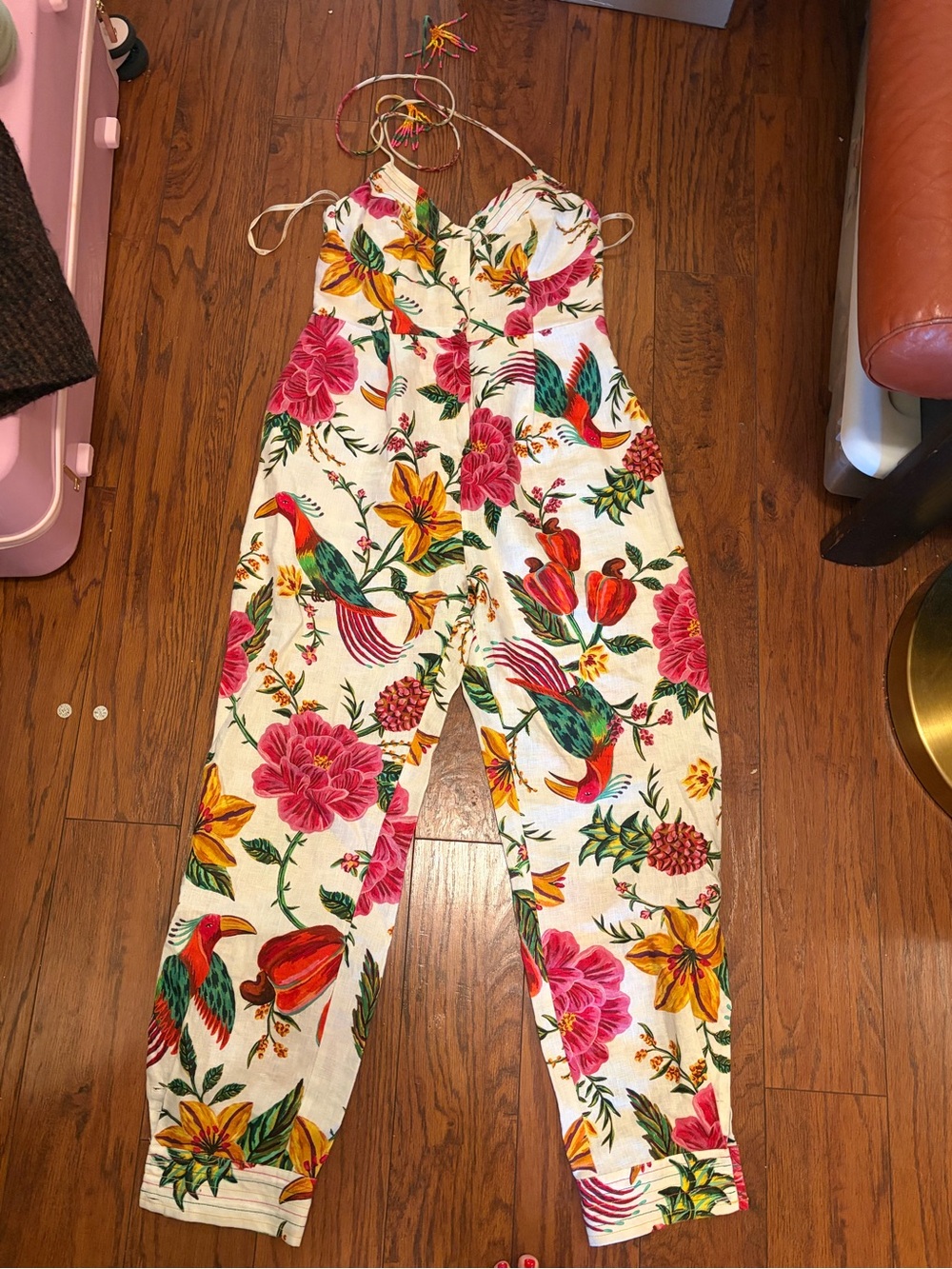 FARM Rio Strapless Floral & Bird Print Jumpsuit in White, Pink, Yellow, Green